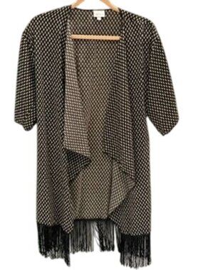 LuLaRoe Black & Cream Fringed Open-Front Kimono Small